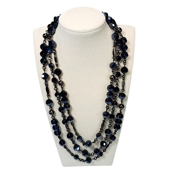 Lia Sophia Midnight Sky Dark Blue Beads AB Triple Strand Necklace 14" - Picture 6 of 6